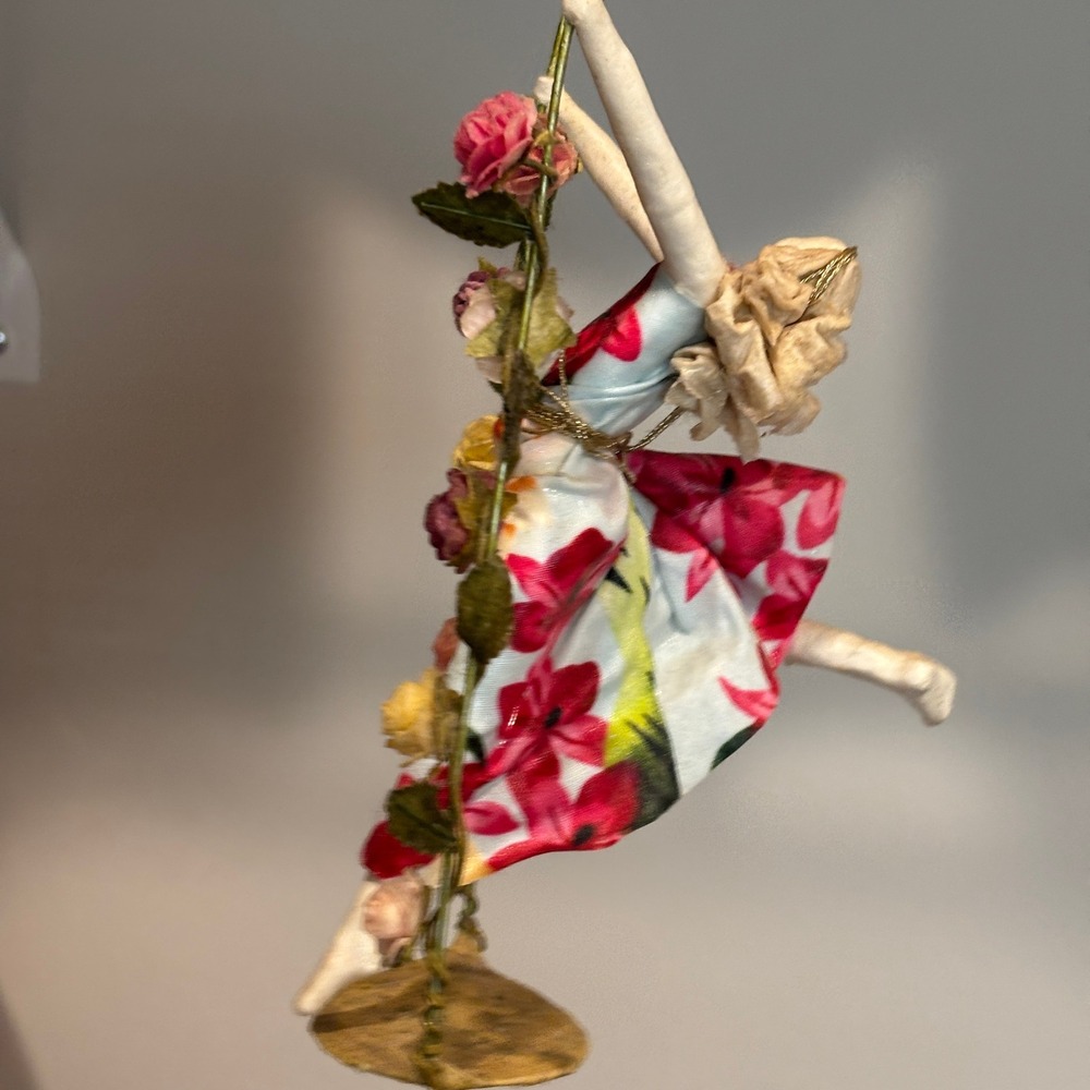 Sarena Mann Paper Mache Art Mobile Lady Sculpture Swing Floral Dress Signed